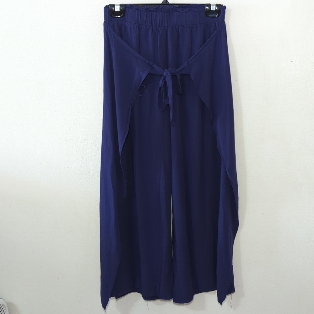 Lulus Wide Leg Cropped Pants Blue 100% Rayon Wrap Tie Front Women's Size Small